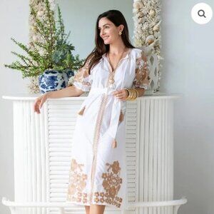 Julia Amory - Short Sleeve Coatue Caftan - Camel Embroidered Midi Dress- Size M